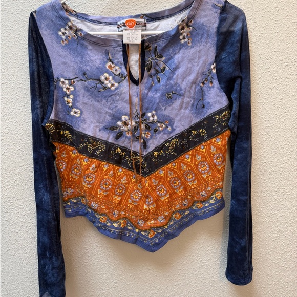 Weavers Tops - Weavers Blue and Orange Floral Tie-Front Long Sleeve Top